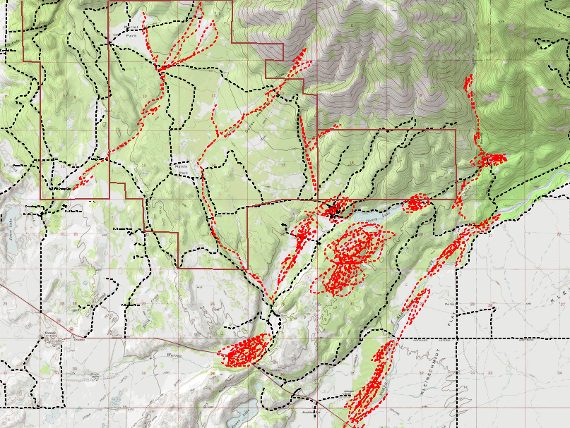 Map showing grizzly use areas around Ovando Mountain flats