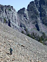 Betsy crossing scree slope